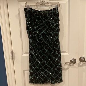 Large Zara black with green sparkles strapless dress with front slit